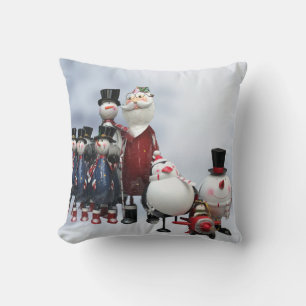 Christmas Tin Choir, with Santa, Snowman, Penguin Throw Pillow