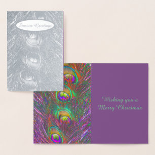 Christmas Tinsel Peacock Feathers Personalized Foil Card