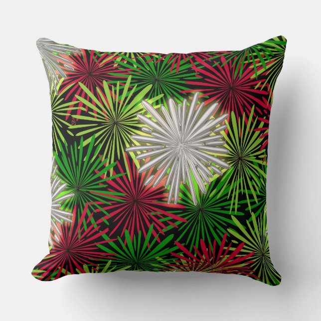 Christmas Tinsel PomPoms - Red, Green and White Throw Pillow (Front)