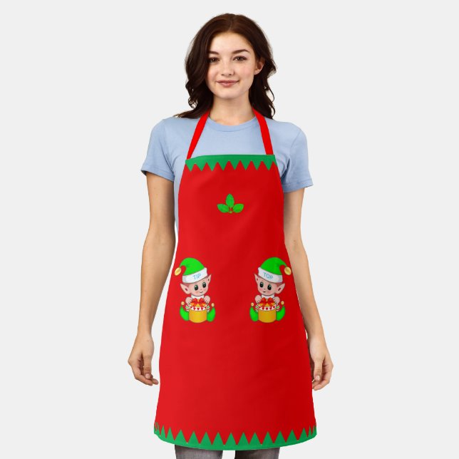 Christmas Tip-Top Gnomes & Laurel Leaves on Red Apron (Worn)