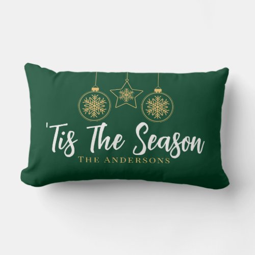 Christmas Tis The Season Green Gold White Family Lumbar Pillow