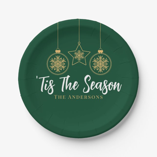 Christmas 'Tis The Season Green Gold, White Family Paper Plates (Front)