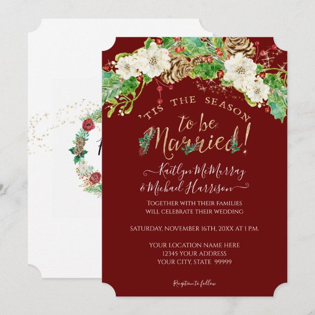 Christmas Tis the Season Holly Floral Gold Wedding Invitation (Front/Back)
