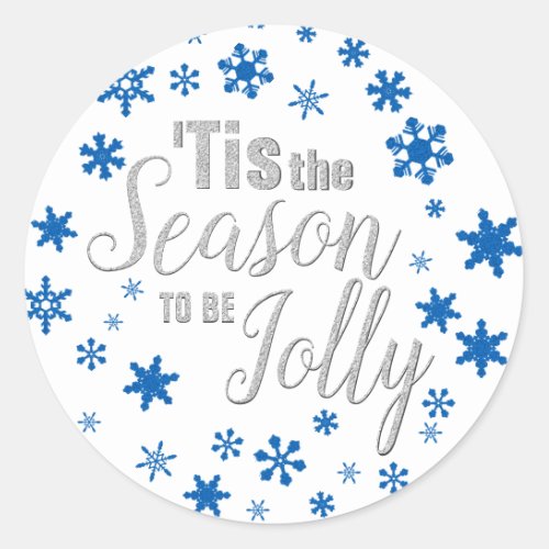 Christmas Tis the Season Snowflake Blue Silver Classic Round Sticker