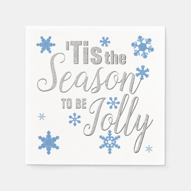 Christmas Tis the Season Snowflake Blue Silver Napkins (Front)