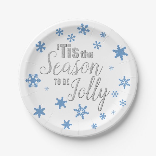 Christmas Tis the Season Snowflake Blue Silver Paper Plates (Front)