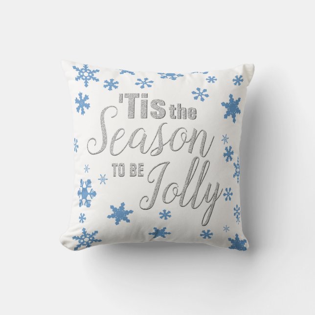 Christmas Tis the Season Snowflake Blue Silver Throw Pillow (Front)