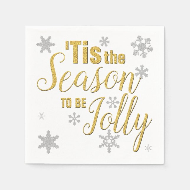Christmas Tis the Season Snowflake Gold Silver Napkins (Front)
