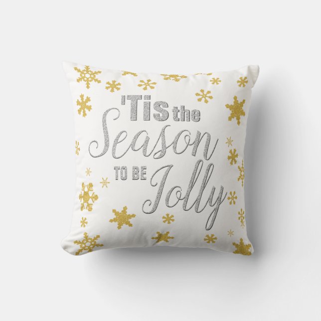 Christmas Tis the Season Snowflake Silver Gold Throw Pillow (Front)
