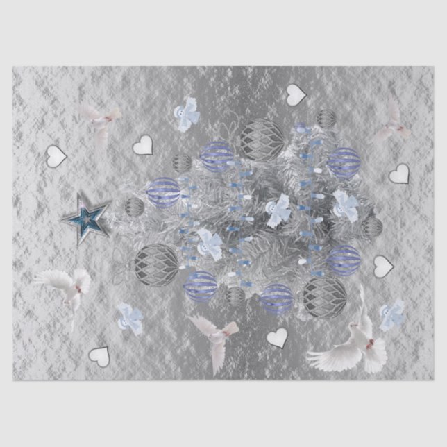 Christmas Tissue Paper Blue Silver Tree Doves (Front)