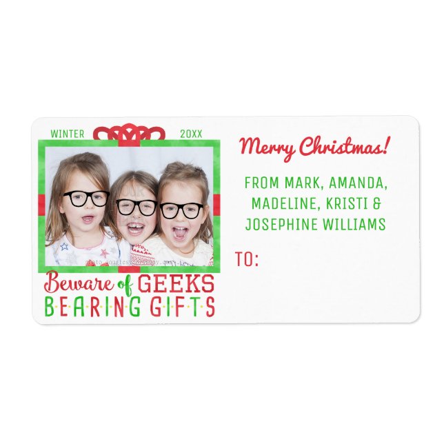 Christmas To From Funny Geek Family Holiday Photo Label (Front)