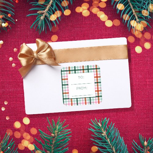 Christmas To From Gingham Green Pink Red Square Sticker