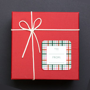 Christmas To From Gingham Green Pink Red Square Sticker