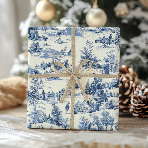 Christmas Toile Blue Vintage Victorian Holiday Wrapping Paper