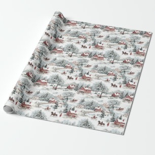 Christmas Toile Village Scenery Holiday House Tree Wrapping Paper