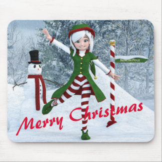 Christmas Toon Girl in a Winter Forest Mouse Pad