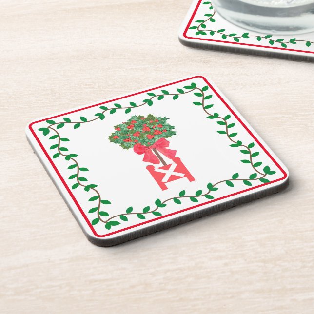 Christmas Topiaries Holly Berry tree Topiary   Bev Beverage Coaster (Left Side)
