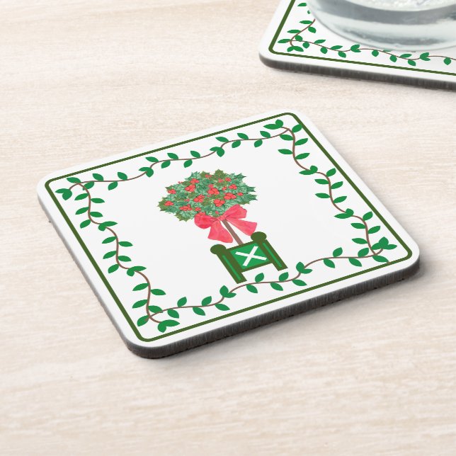 Christmas Topiaries Holly Berry tree Topiary  Beve Beverage Coaster (Left Side)