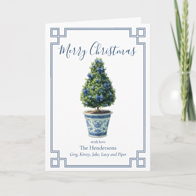 Christmas Topiary Tree Blue and White Holiday Card (Front)
