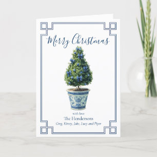 Christmas Topiary Tree Blue and White Holiday Card