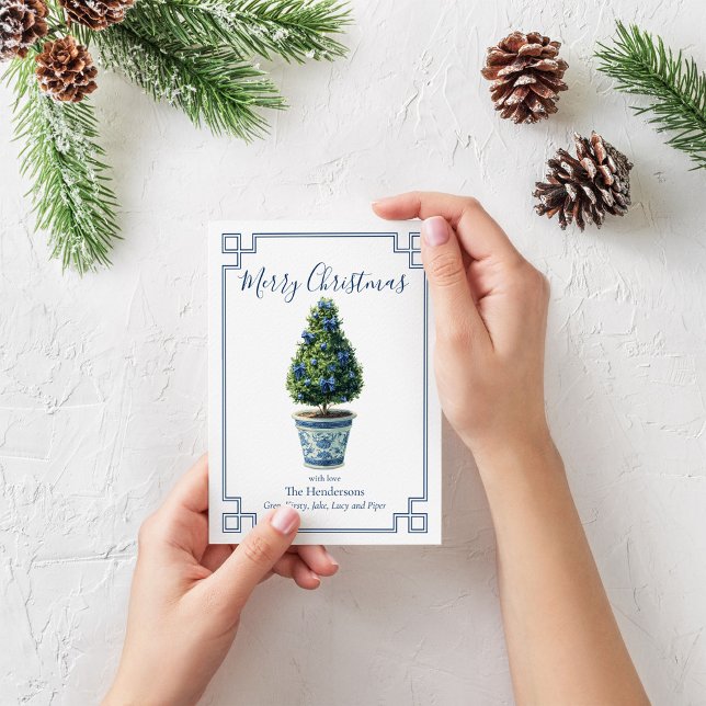 Christmas Topiary Tree Blue and White Holiday Card (Chinoiserie Christmas topiary tree card)