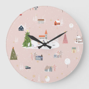 Christmas Town: Cute Vintage Landscape Large Clock