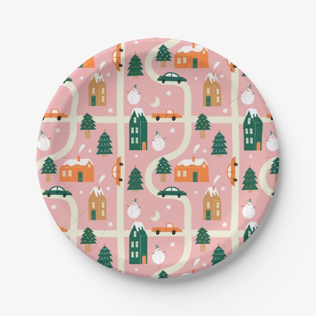 Christmas Town Holiday Map Pattern Paper Plates (Front)