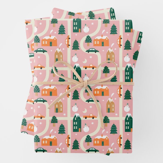 Christmas Town Holiday Map Pattern Wrapping Paper Sheets (In situ)