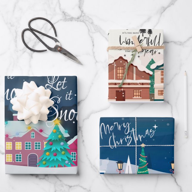 Christmas Town Landscape Merry Christmas Quote Wrapping Paper Sheets (Front)