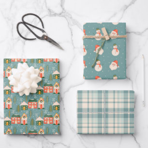Christmas Town, Santa Claus, Snowmen, Blue Plaid Wrapping Paper Sheets