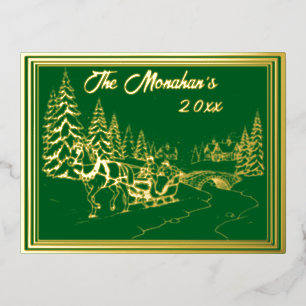 Christmas Town Scene in Gold with Green Foil Holiday Postcard