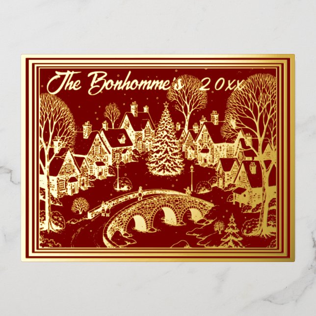 Christmas Town Scene in Gold with Red Foil Holiday Postcard (Front)