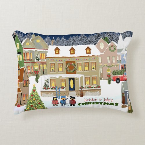 Christmas Town Winter Wonderland Houses Caroling Accent Pillow