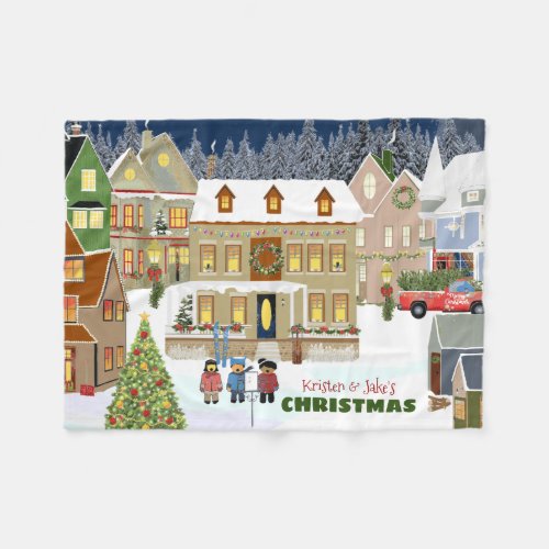 Christmas Town Winter Wonderland Houses Caroling Fleece Blanket