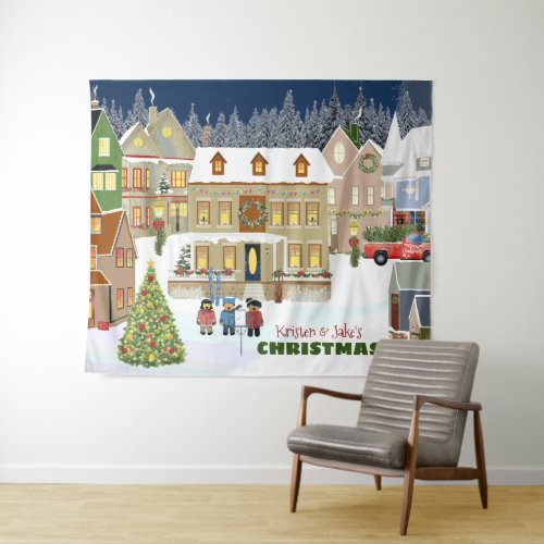 Christmas Town Winter Wonderland Houses Caroling Tapestry