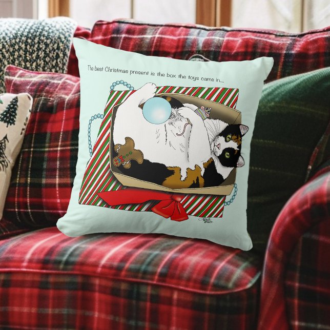 Christmas Toy Box Cat Throw Pillow (Creator Uploaded)