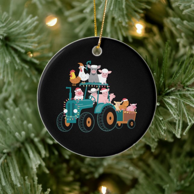 Christmas Tractor Farm Funny Holiday  Ceramic Ornament (Tree)