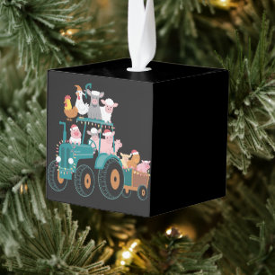 Christmas Tractor Farm Funny Holiday Cube Ornament
