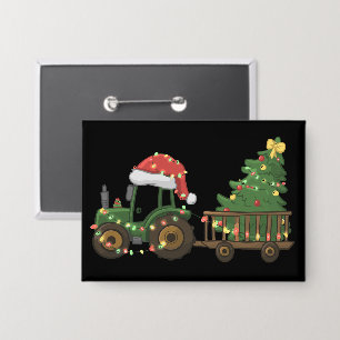 Christmas Tractor With Tree Farmer Farm Button