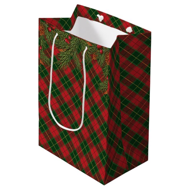 Christmas Traditional Plaid Tartan Medium Gift Bag (Front Angled)
