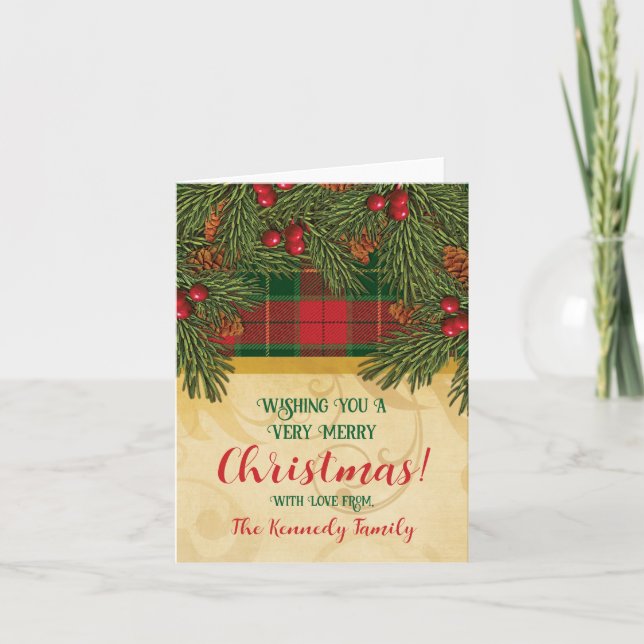 Christmas Traditional Plaid Tartan Wreath Photo Card (Front)