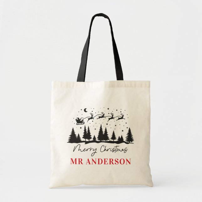 Christmas traditional reindeer sleigh teacher tote bag (Front)