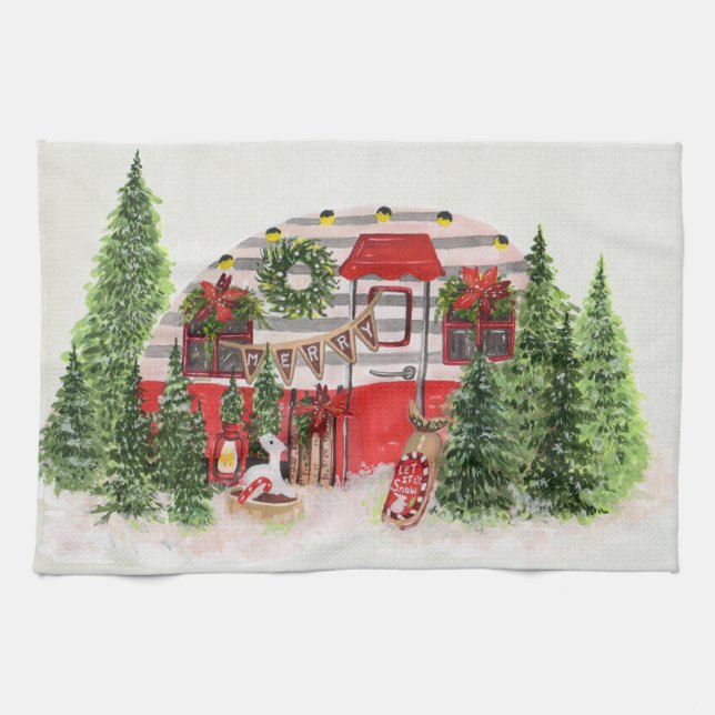 Christmas Trailer Camper Outdoorsy Theme Kitchen Towel (Horizontal)