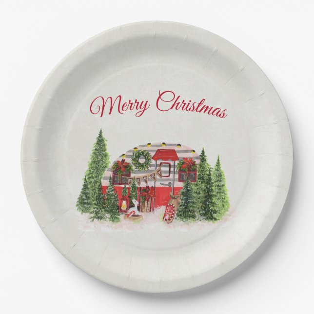 Christmas Trailer Camper Outdoorsy Theme Paper Plates (Front)