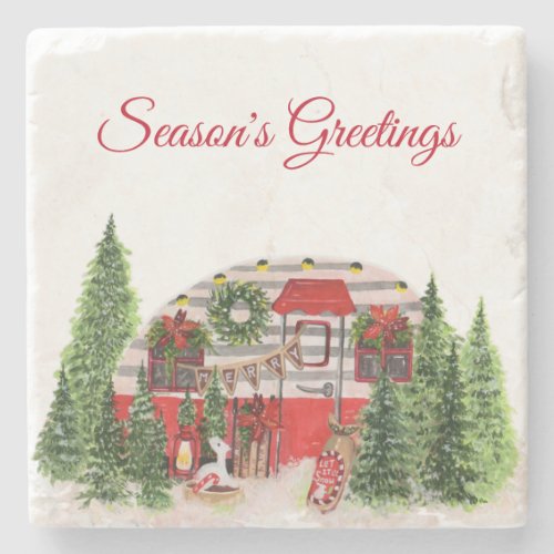 Christmas Trailer Camper Outdoorsy Theme Stone Coaster