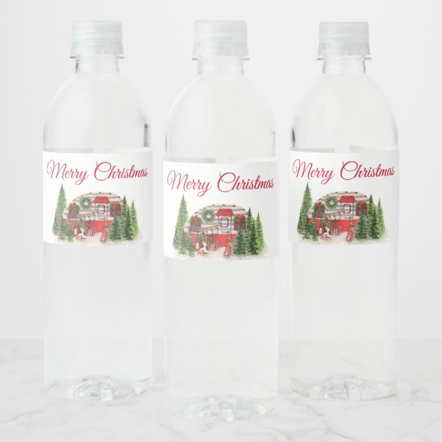 Christmas Trailer Camper Outdoorsy Theme Water Bottle Label (Bottles)