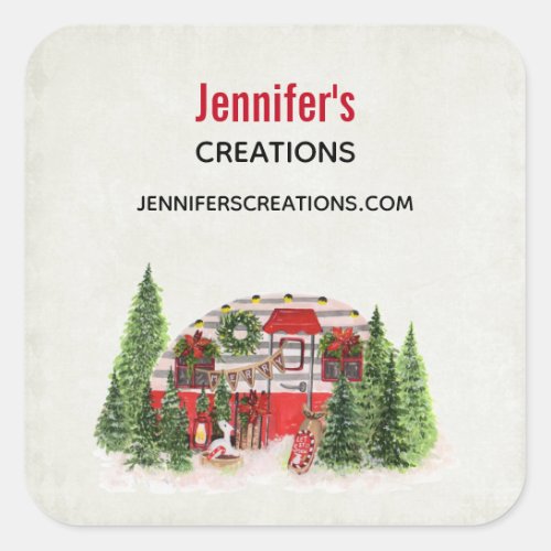 Christmas Trailer Camper Rustic Scene Business Square Sticker