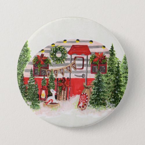 Christmas Trailer Camper Rustic Scene Button