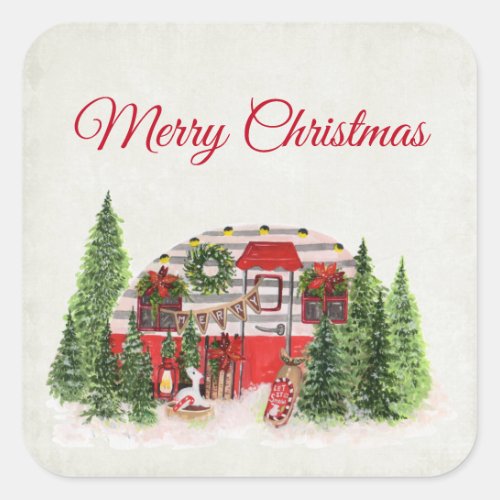 Christmas Trailer Camper Rustic Scene Square Sticker