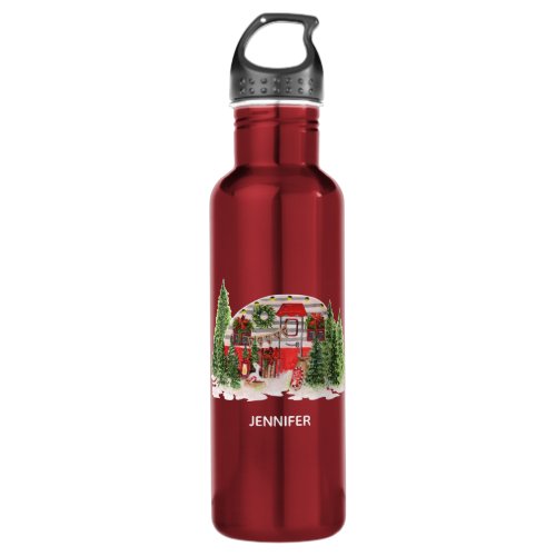 Christmas Trailer Camper Rustic Scene Stainless Steel Water Bottle